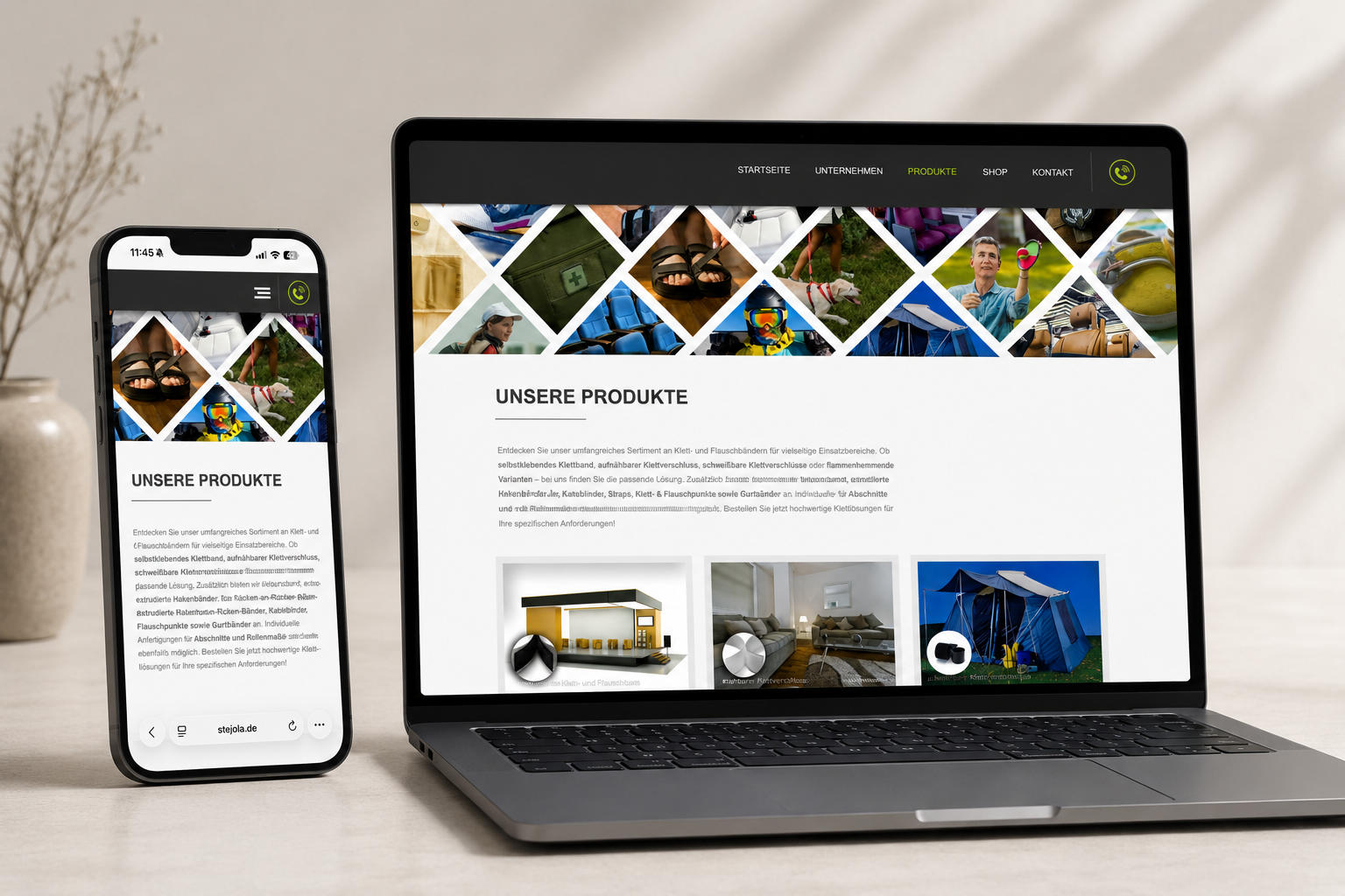 Mockup der responsiven Website von stejola auf Laptop und Smartphone. Die Desktop- und Mobilansicht präsentieren die Produktseite für Klettbänder, Klettverschlüsse und industrielle Befestigungslösungen in einer modernen Darstellung auf verschiedenen Endgeräten.