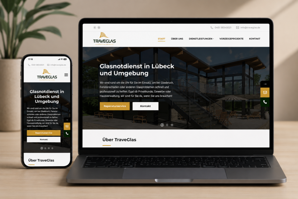 Mockup der responsiven TraveGlas-Website auf Laptop und Smartphone. Das Bild zeigt die Desktop- und Mobilansicht der Glaserei-Website mit modernem Webdesign und einer optimierten Darstellung für Desktop, Tablet und Smartphone.